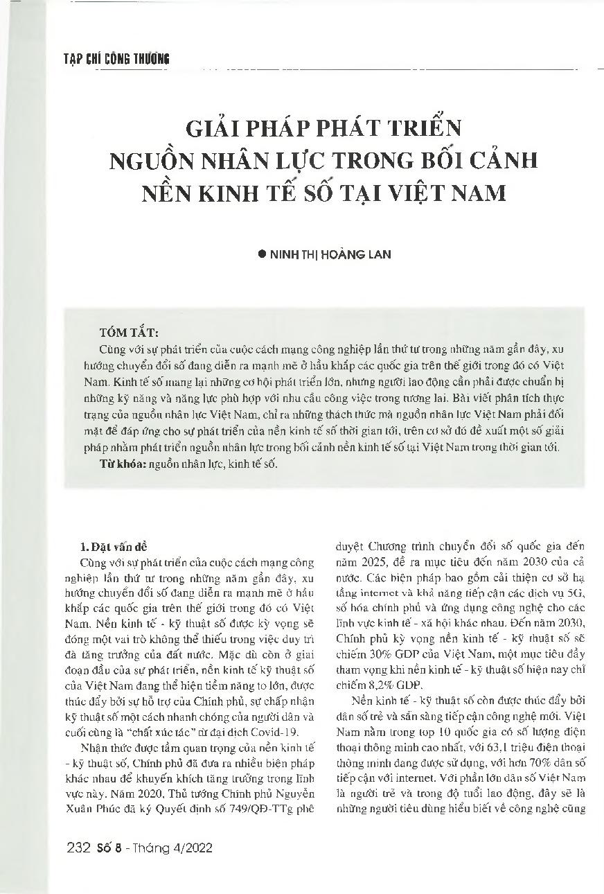 Giải pháp phát triển nguồn nhân lực trong bối cảnh nền kinh tế số tại Việt Nam = Solutions to develop human resources for the digital economic development in Vietnam