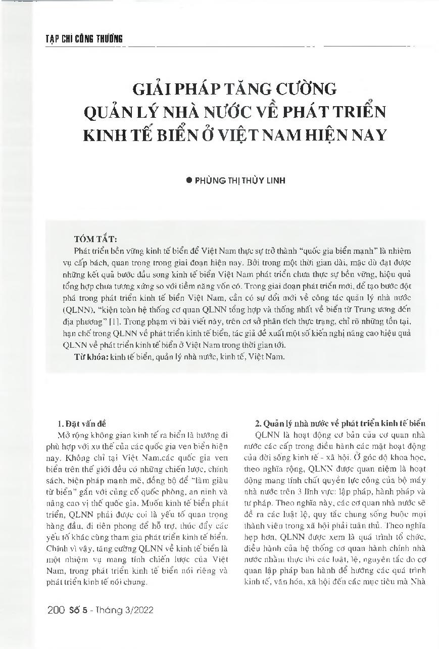 Giải pháp tăng cường quản lý nhà nước về phát triển kinh tế biển ở Việt Nam hiện nay = Solutions to improve the effectiveness of State management of marine economic development in Vietnam