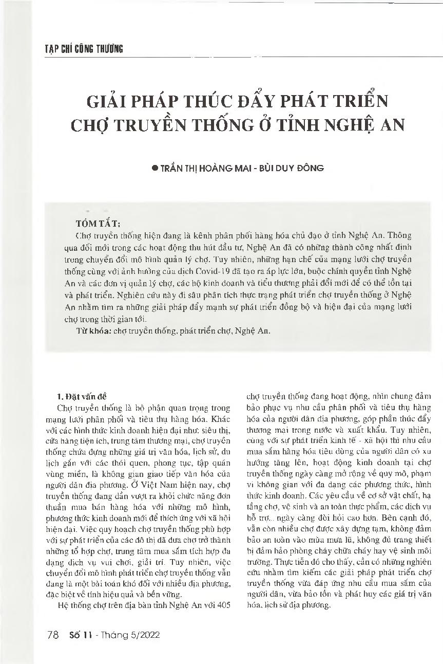 Giải pháp thúc đẩy phát triển chợ truyền thống ở tỉnh Nghệ An = Solutions to promote the development of traditional markets in Nghe An province