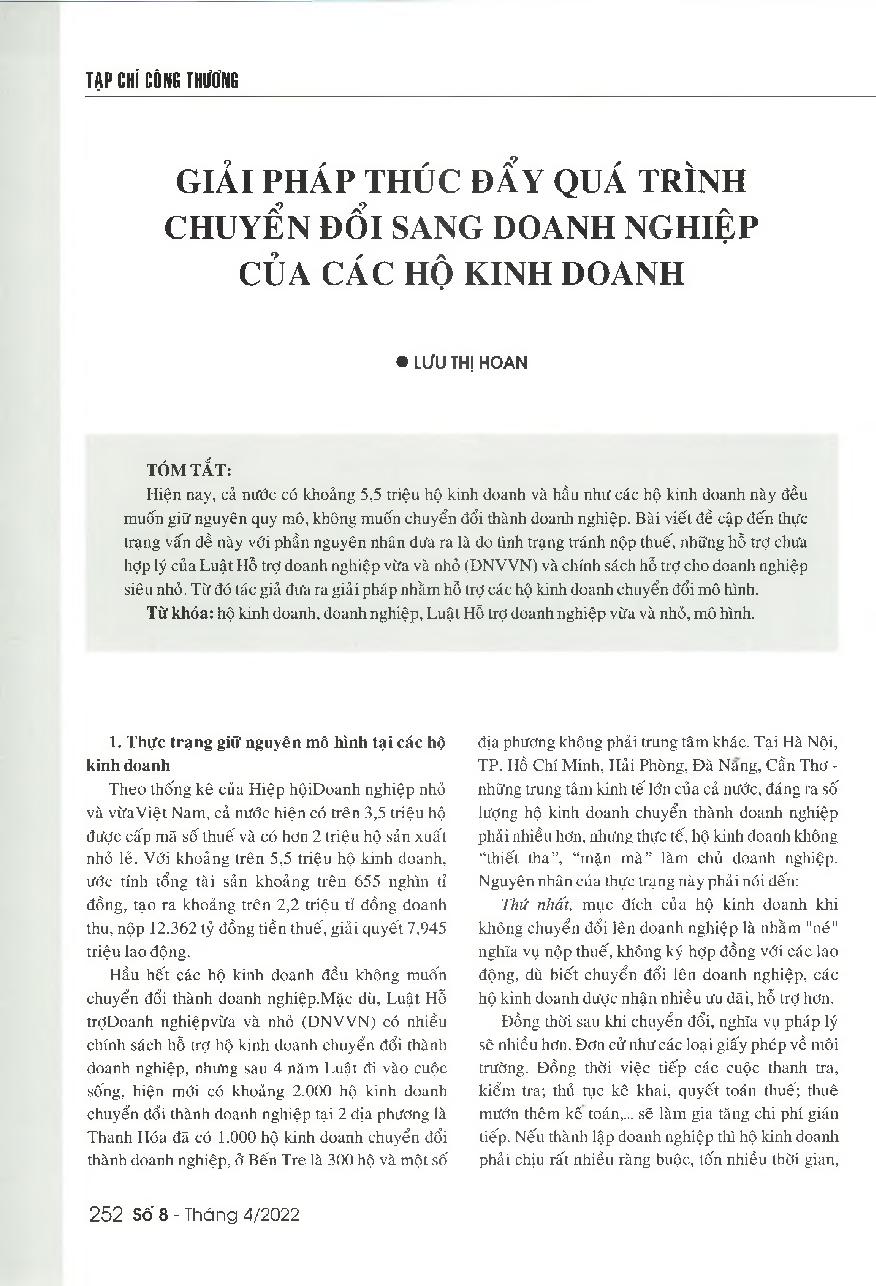 Giải pháp thúc đẩy quá trình chuyển đổi sang doanh nghiệp của các hộ kinh doanh = Solutions to encourage business households in Vietnam change their business model into the company model