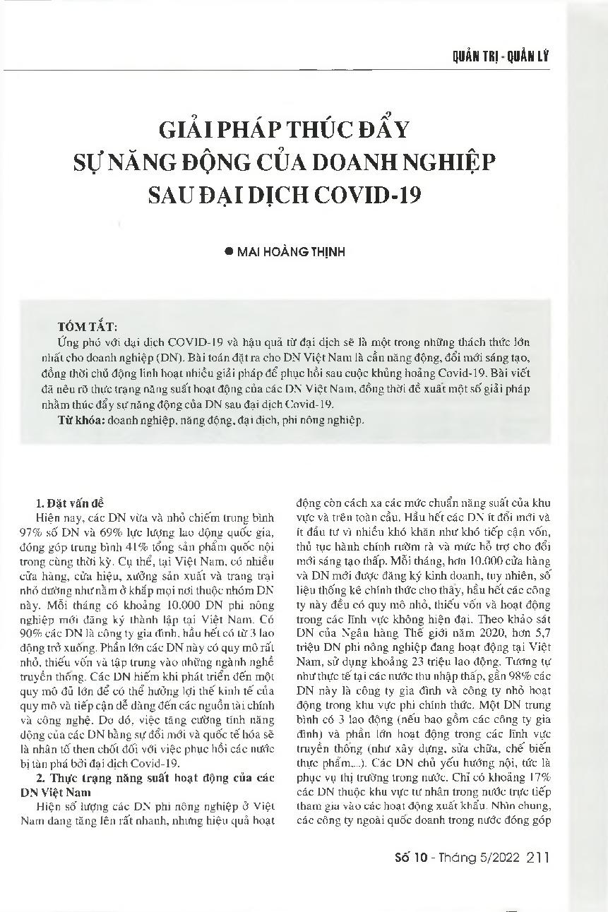 Giải pháp thúc đẩy sự năng động của doanh nghiệp sau đại dịch Covid-19 = Solutions to promote the dynamism of enterprises in the post-COVID-19 era