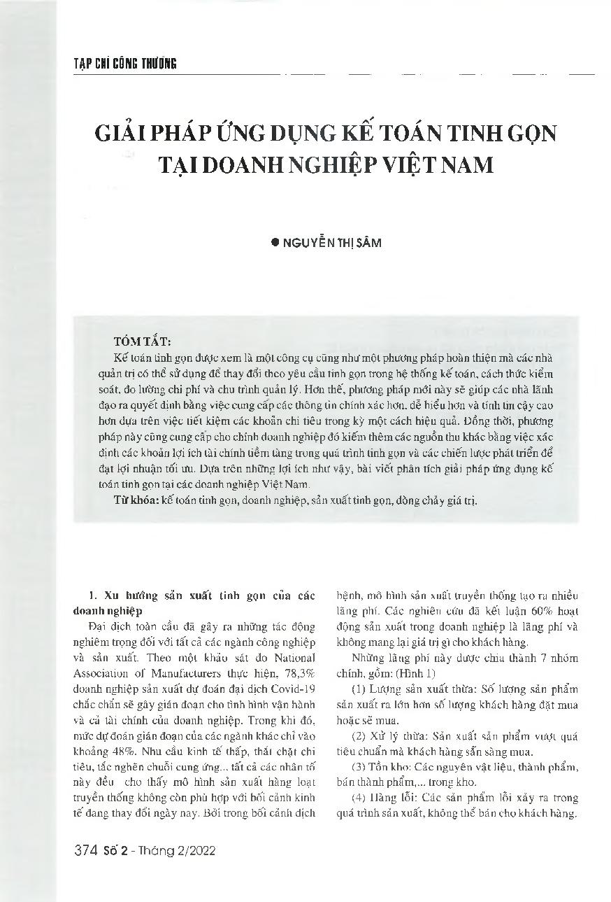 Giải pháp ứng dụng kế toán tinh gọn tại doanh nghiệp Việt Nam = Solutions for implementing the lean accounting in enterprises in Vietnam