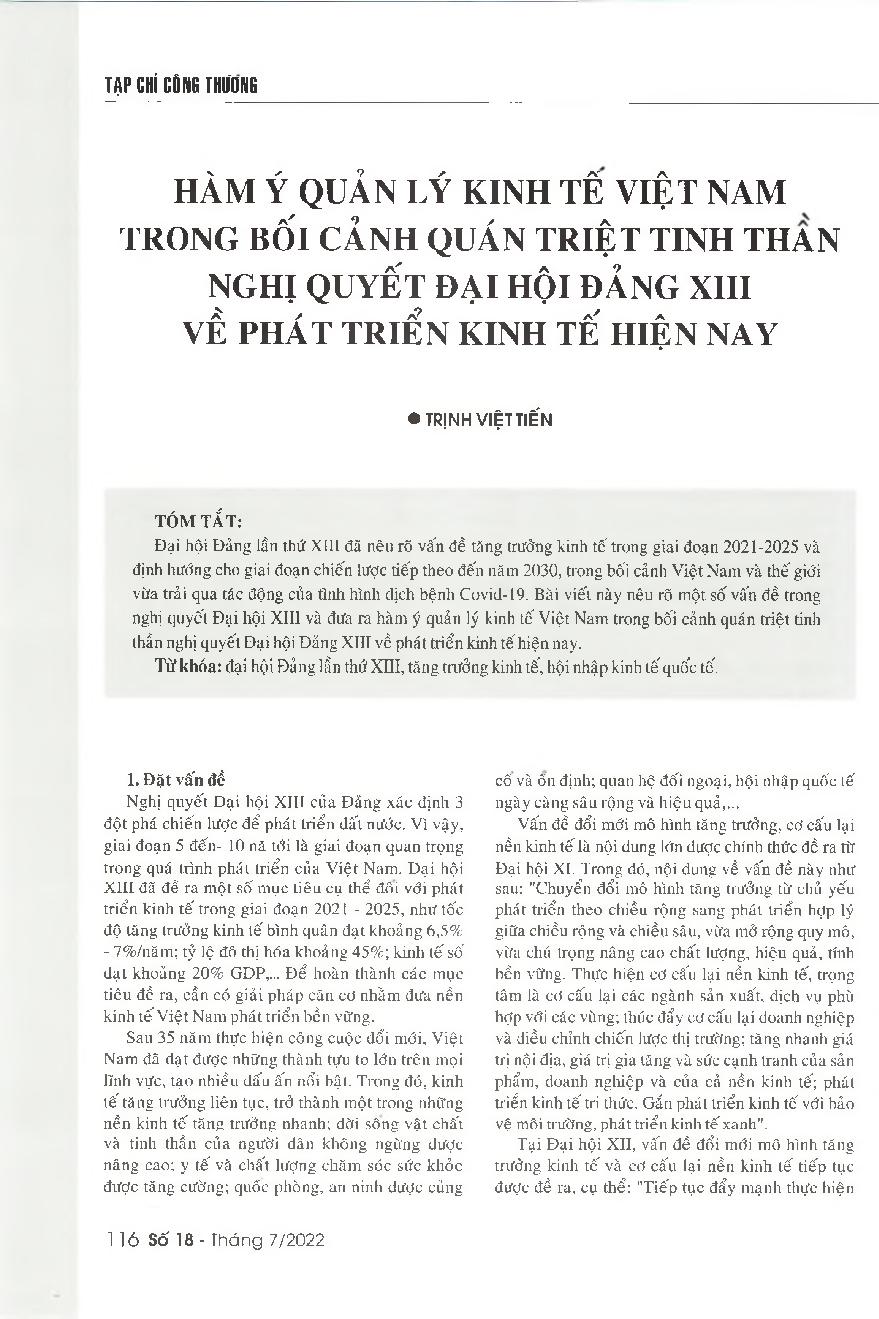 Hàm ý quản lý kinh tế Việt Nam trong bối cảnh quán triệt tinh thần Nghị quyết Đại hội Đảng XIII về phát triển kinh tế hiện nay = Implications for Vietnam's economic management to grasp the spirit of the 13th Party Congress resolution