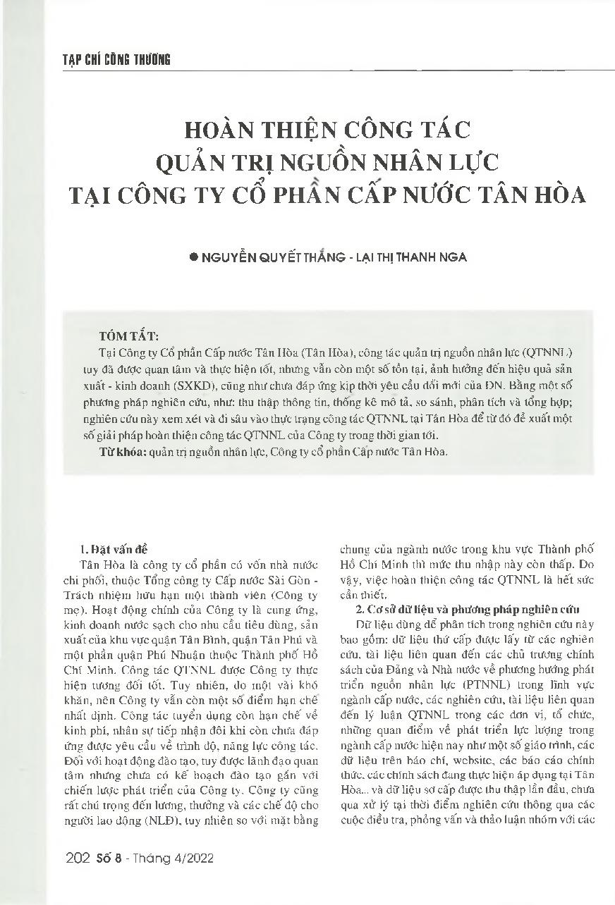 Hoàn thiện công tác quản trị nguồn nhân lực tại Công ty cổ phần Cấp nước Tân Hòa = Improving the human resource management of Tan Hoa Water Supply Joint stock Company