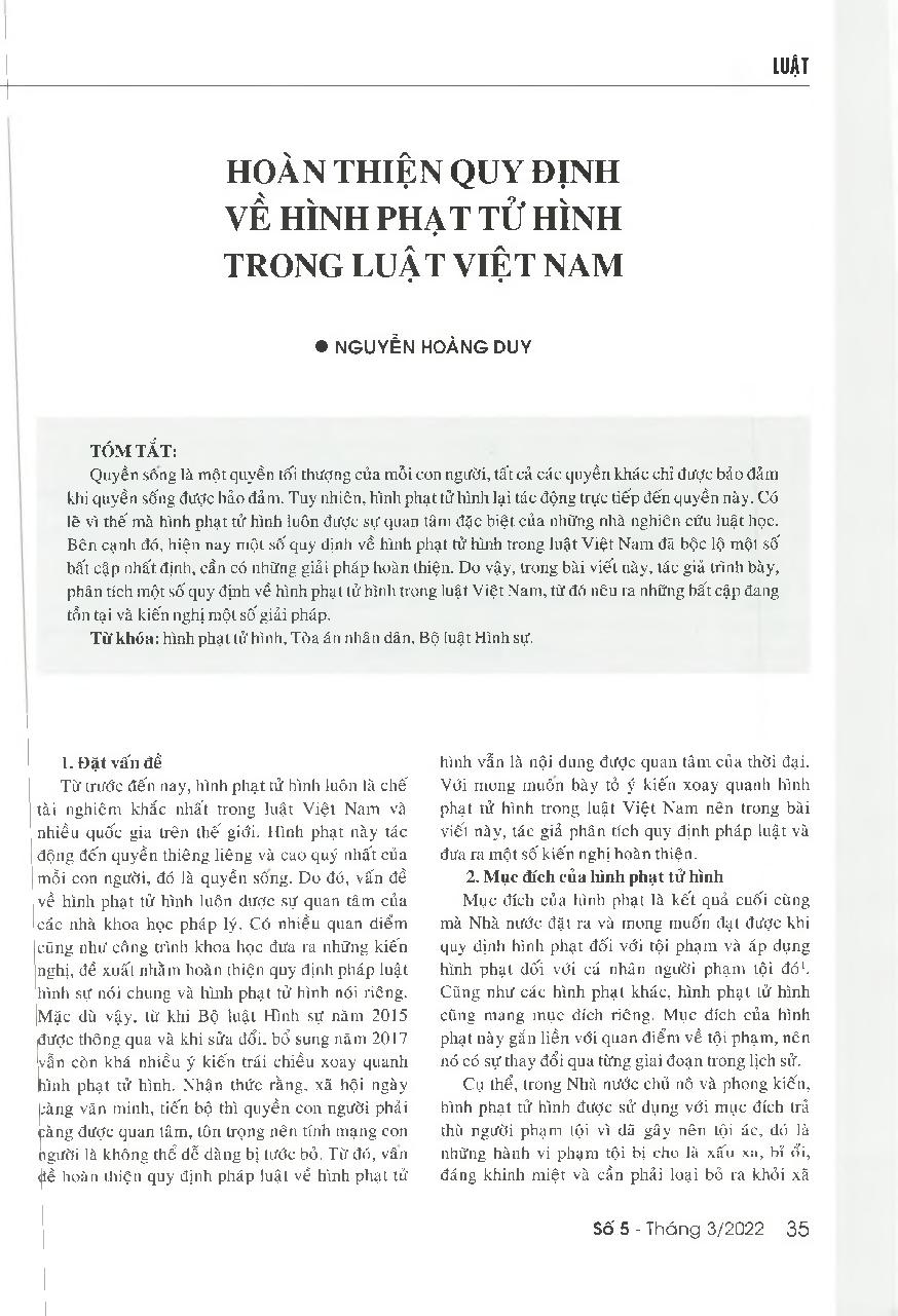 Hoàn thiện quy định về hình phạt tử hình trong Luật Việt Nam = Improving provisions on the death penalty in Vietnamese laws