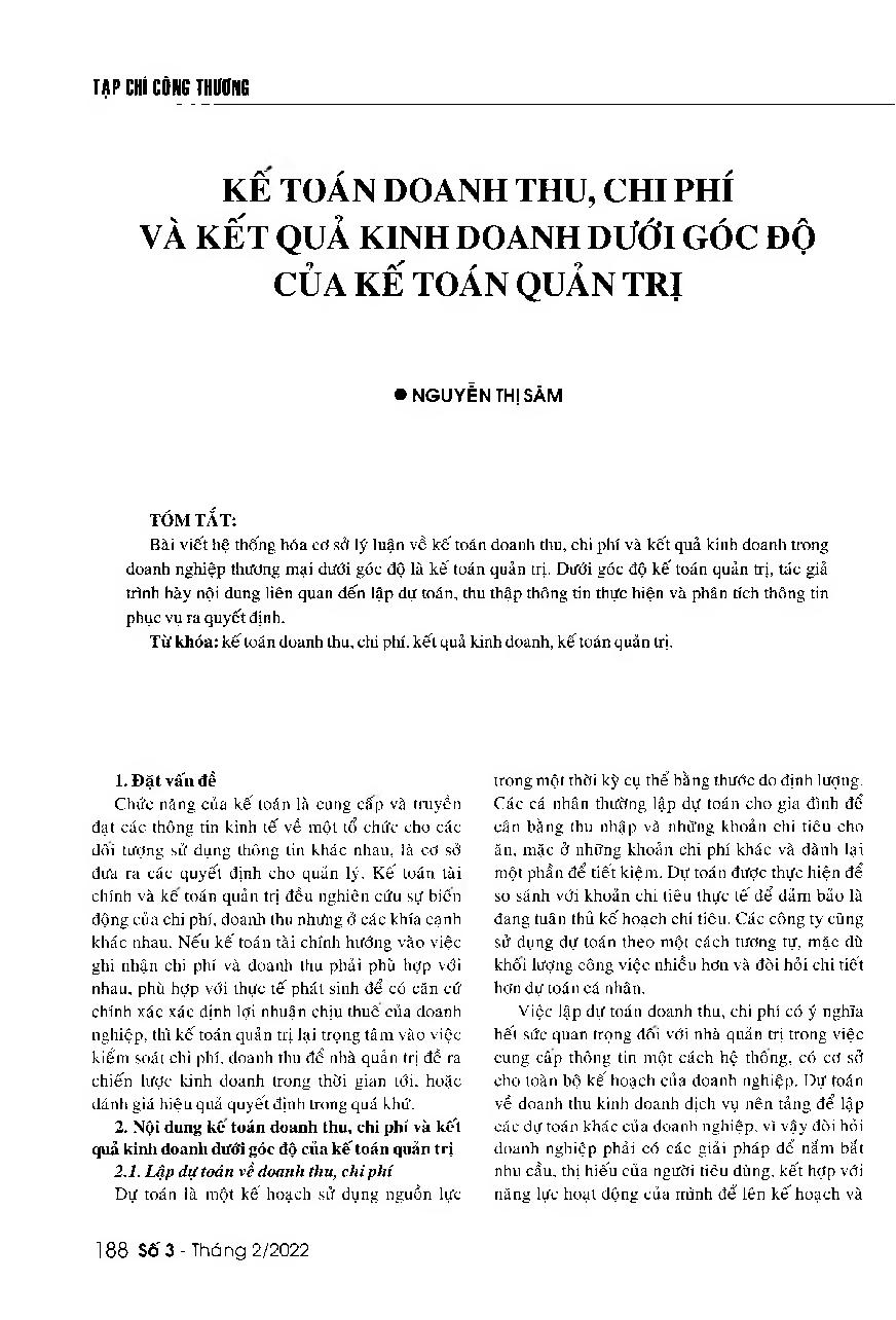 Kế toán doanh thu, chi phí và kết quả kinh doanh dưới góc độ của kế toán quản trị = Revenue, cost and business results accounting from the perspective of management accounting