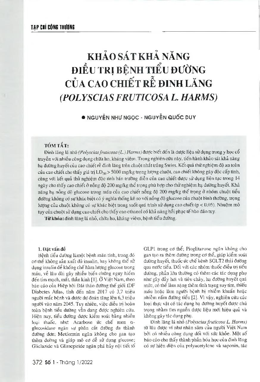 Khảo sát khả năng điều trị bệnh tiểu đường của cao chiết rễ đinh lăng (Polyscias fruticosa L. Harms) = A study on the potential of Polyscias frutlcosa (L.) Harms root extract to reduce blood glucose levels