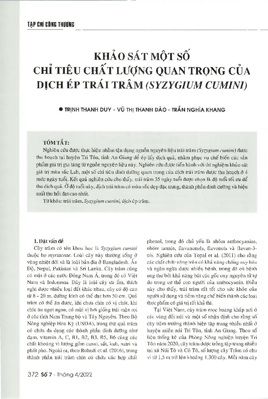 Khảo sát một số chỉ tiêu chất lượng quan trọng của dịch ép trái trâm (Syzygium cumini) = A study on some key quality nutritional parameters of Java plum (Syzygium cumini) juice
