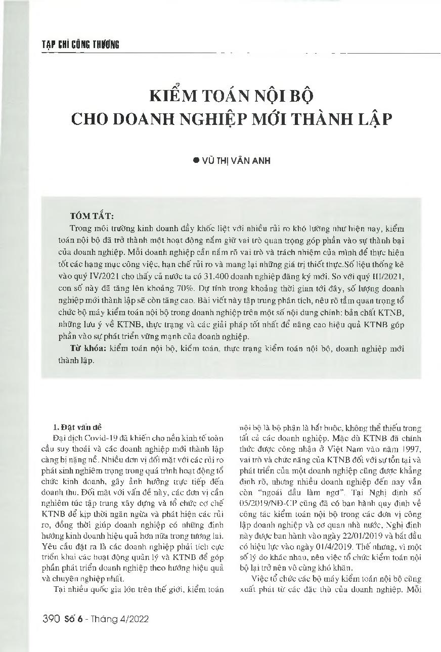 Kiểm toán nội bộ cho doanh nghiệp mới thành lập = The internal audit for newly-established enterprises