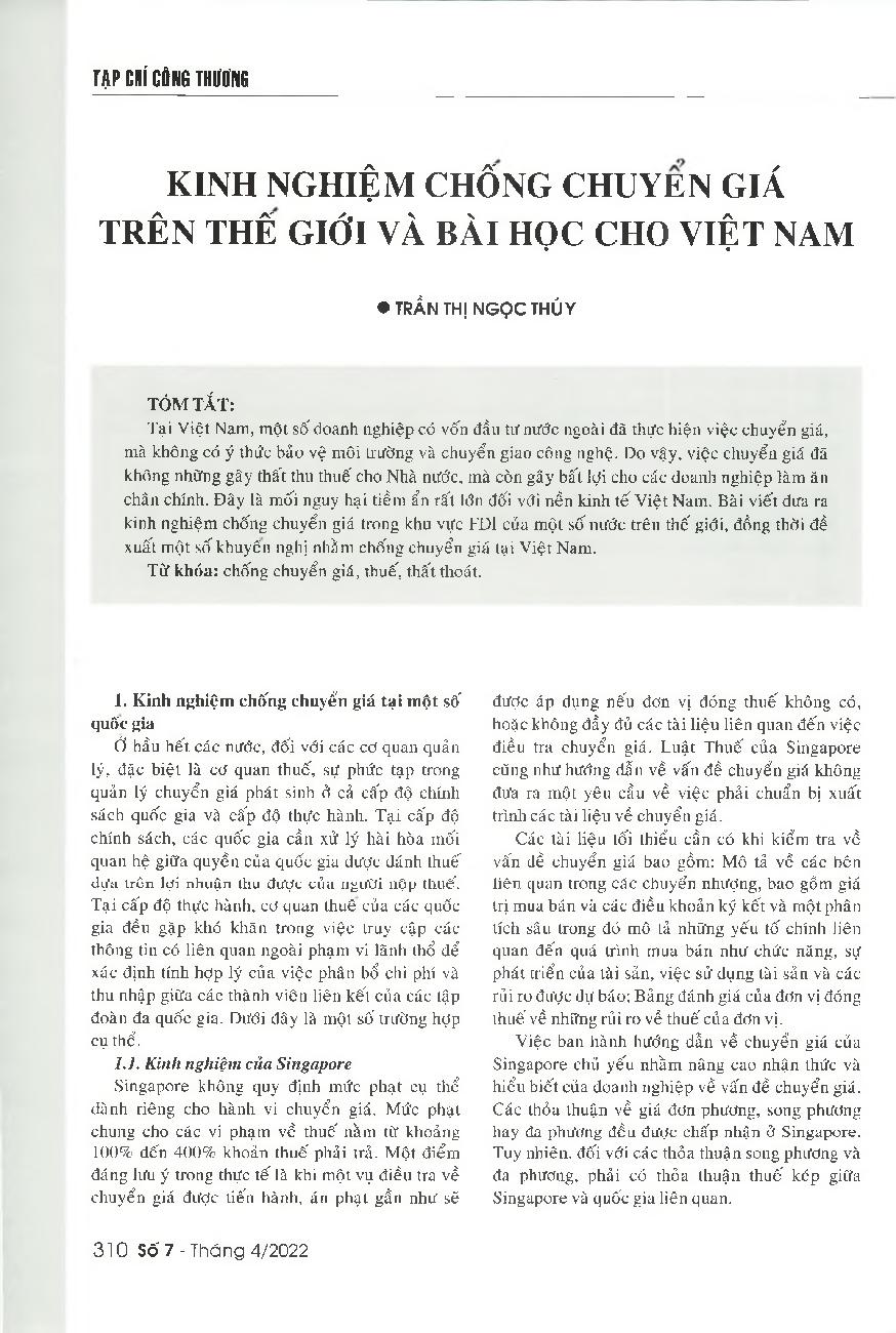 Kinh nghiệm chống chuyển giá trên thế giới và bài học cho Việt Nam = Experiences of some countries in controlling transferring pricing and lessons learnt for Vietnam