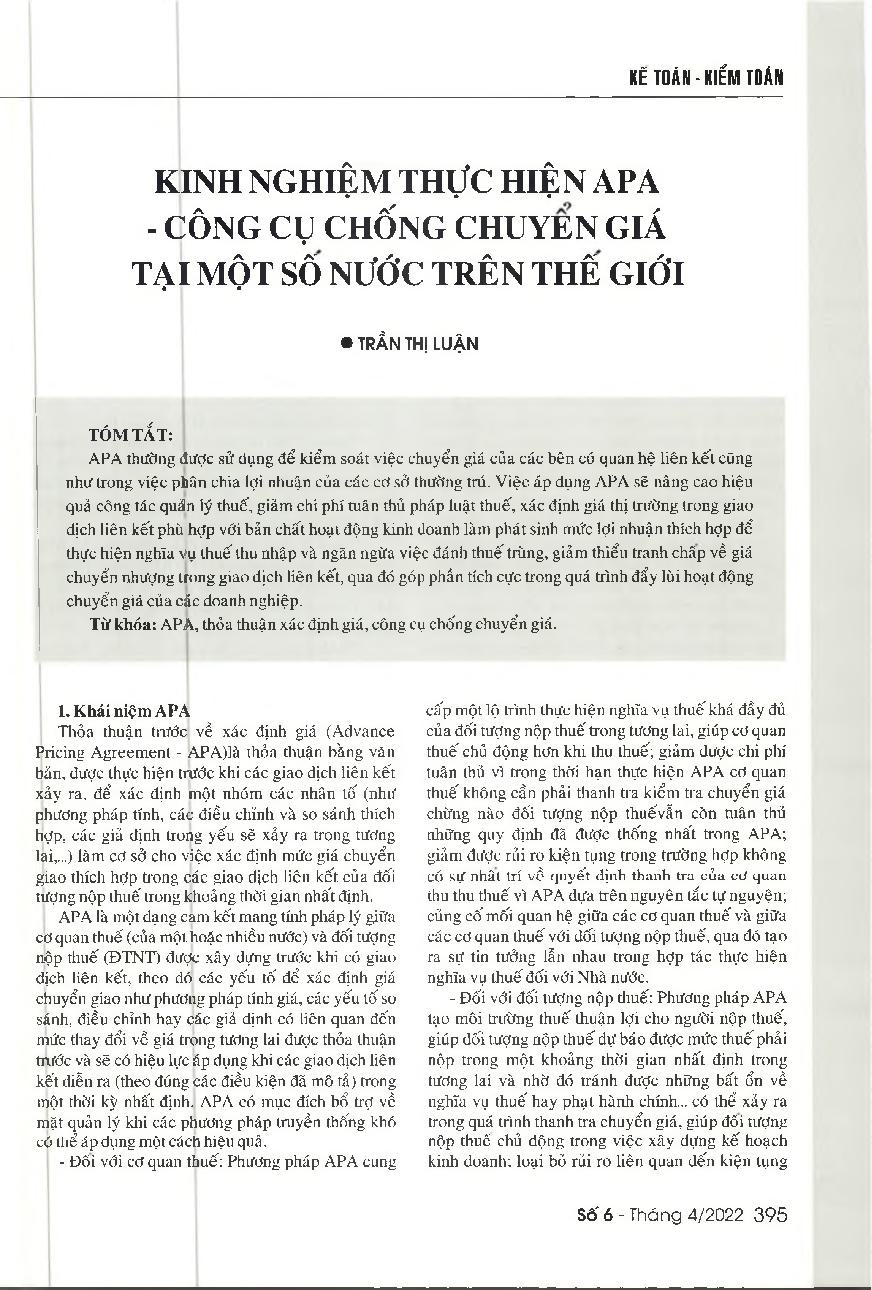 Kinh nghiệm thực hiện APA - công cụ chống chuyển giá tại một số nước trên thế giới = Experience in using the advance pricing agreement - The anti-transfer pricing tool of some countries