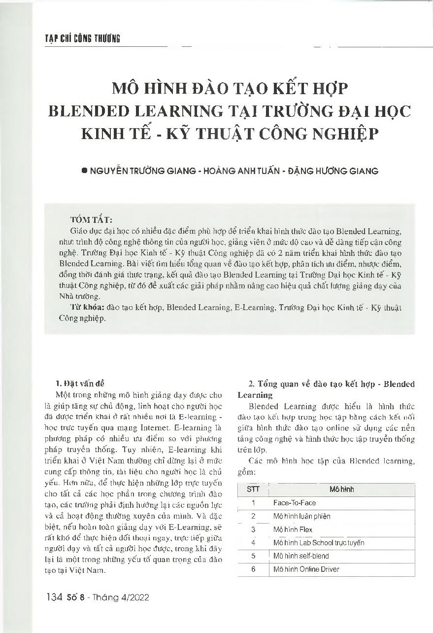 Mô hình đào tạo kết hợp Blended Learning tại Trường Đại học Kinh tế - Kỹ thuật công nghiệp = The implementation of Blended Learning in the University of Economic and Technical Industries (UNETI)