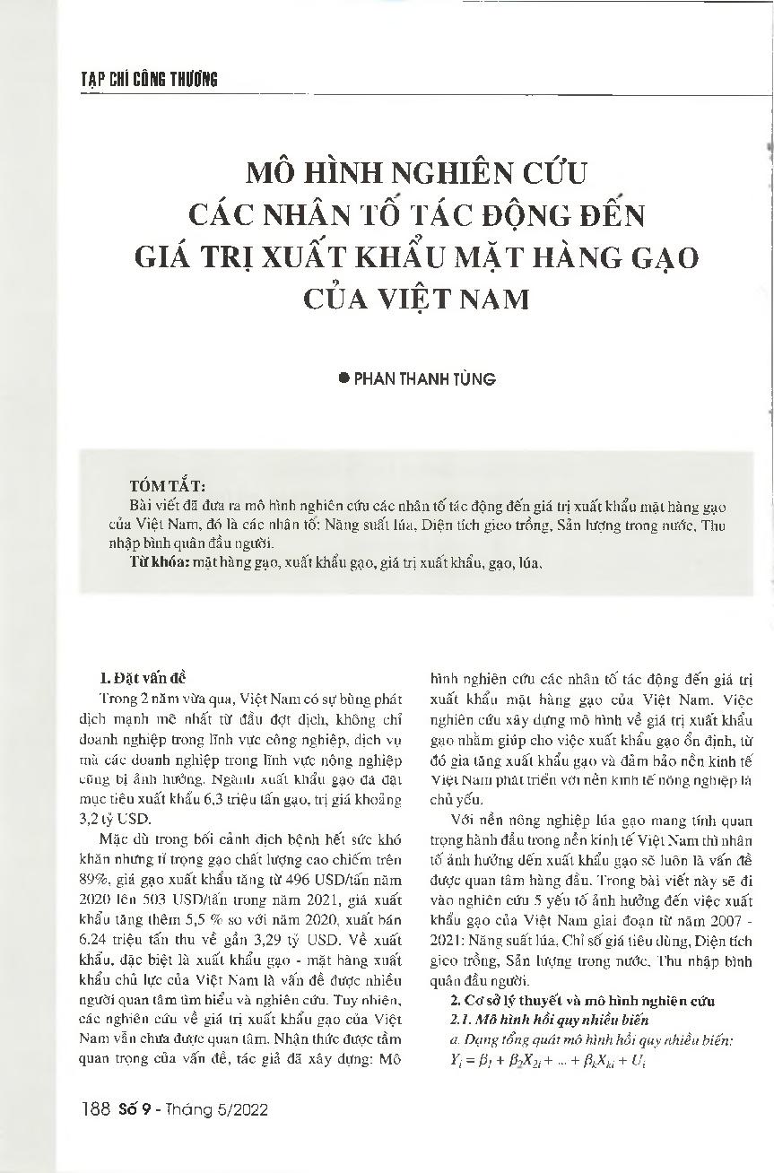 Mô hình nghiên cứu các nhân tố tác động đến giá trị xuất khẩu mặt hàng gạo của Việt Nam = A research model for exploring the factors affecting the export value of Vietnam's rice