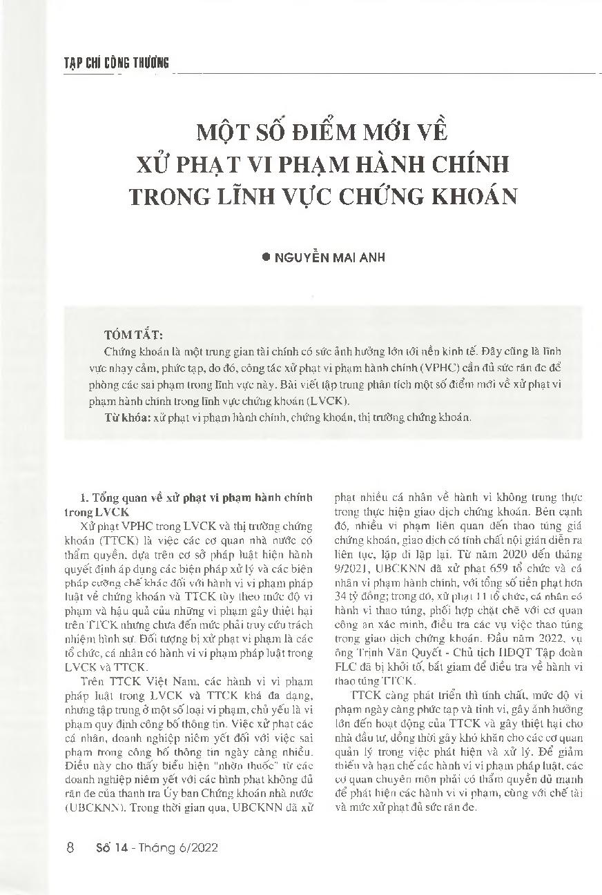 Một số điểm mới về xử phạt vi phạm hành chính trong lĩnh vực chứng khoán = Some new points about the sanctions for administrative violations in the stock market