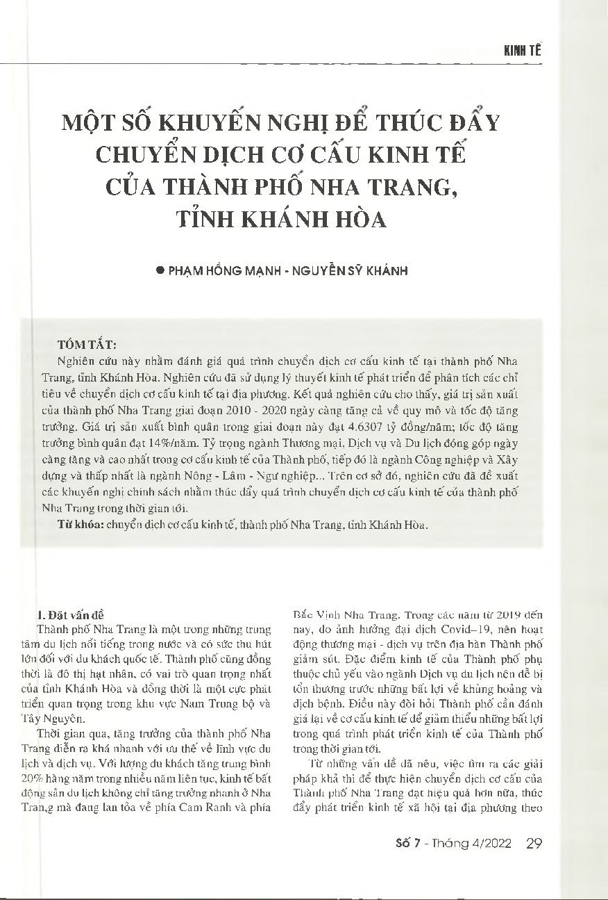 Một số khuyến nghị để thúc đẩy chuyển dịch cơ cấu kinh tế của thành phố Nha Trang, tỉnh Khánh Hòa = Some policy recommendations to promote the economic restructuring of Nha Trang city, Khanh Hoa province