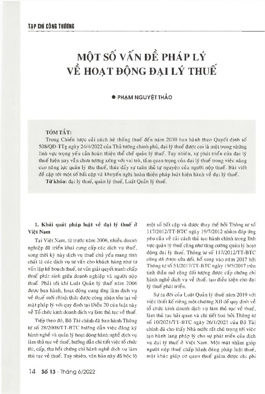 Một số vấn đề pháp lý về hoạt động đại lý thuế = Some legal issues about tax agents