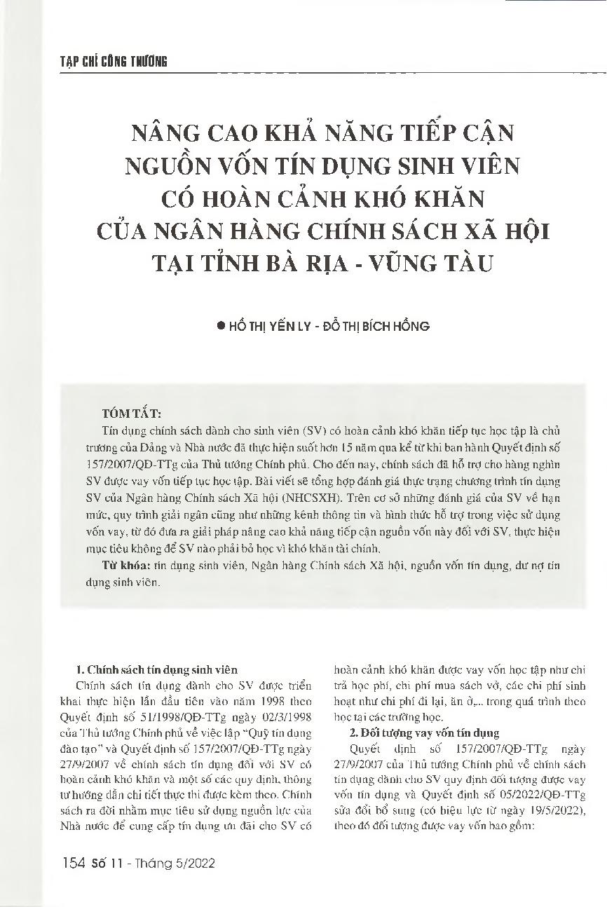 Nâng cao khả năng tiếp cận nguồn vốn tín dụng sinh viên có hoàn cảnh khó khăn của Ngân hàng Chính sách Xã hội tại tỉnh Bà Rịa - Vũng Tàu = Improving access of students with difficult circumstances to student loans provided by Vietnam Bank for Social Polic