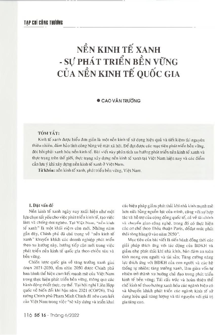 Nền kinh tế xanh - sự phát triển bền vững của nền kinh tế quốc gia = Green economy - The sustainable development of an economy