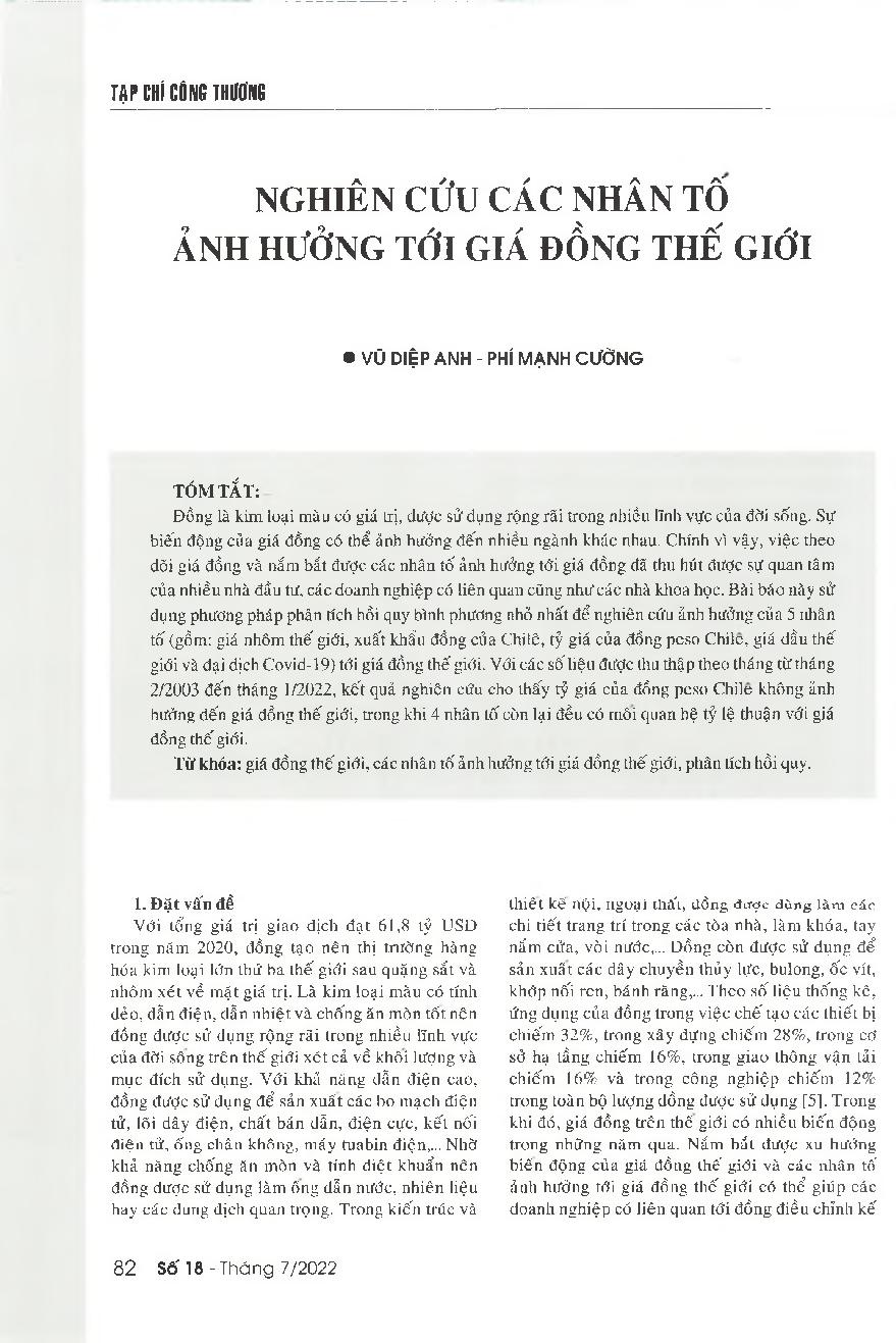 Nghiên cứu các nhân tố ảnh hưởng tới giá đồng thế giới = A study of factors affecting the global copper price