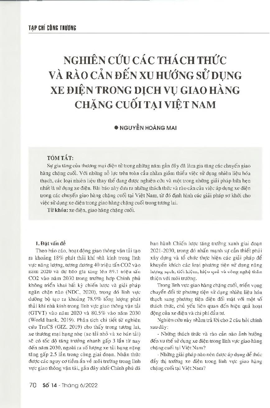 Nghiên cứu các thách thức và rào cản đến xu hướng sử dụng xe điện trong dịch vụ giao hàng chặng cuối tại Việt Nam = Assessing challenges and barriers facing the use of electric vehicles in last-mile deliveries in Vietnam