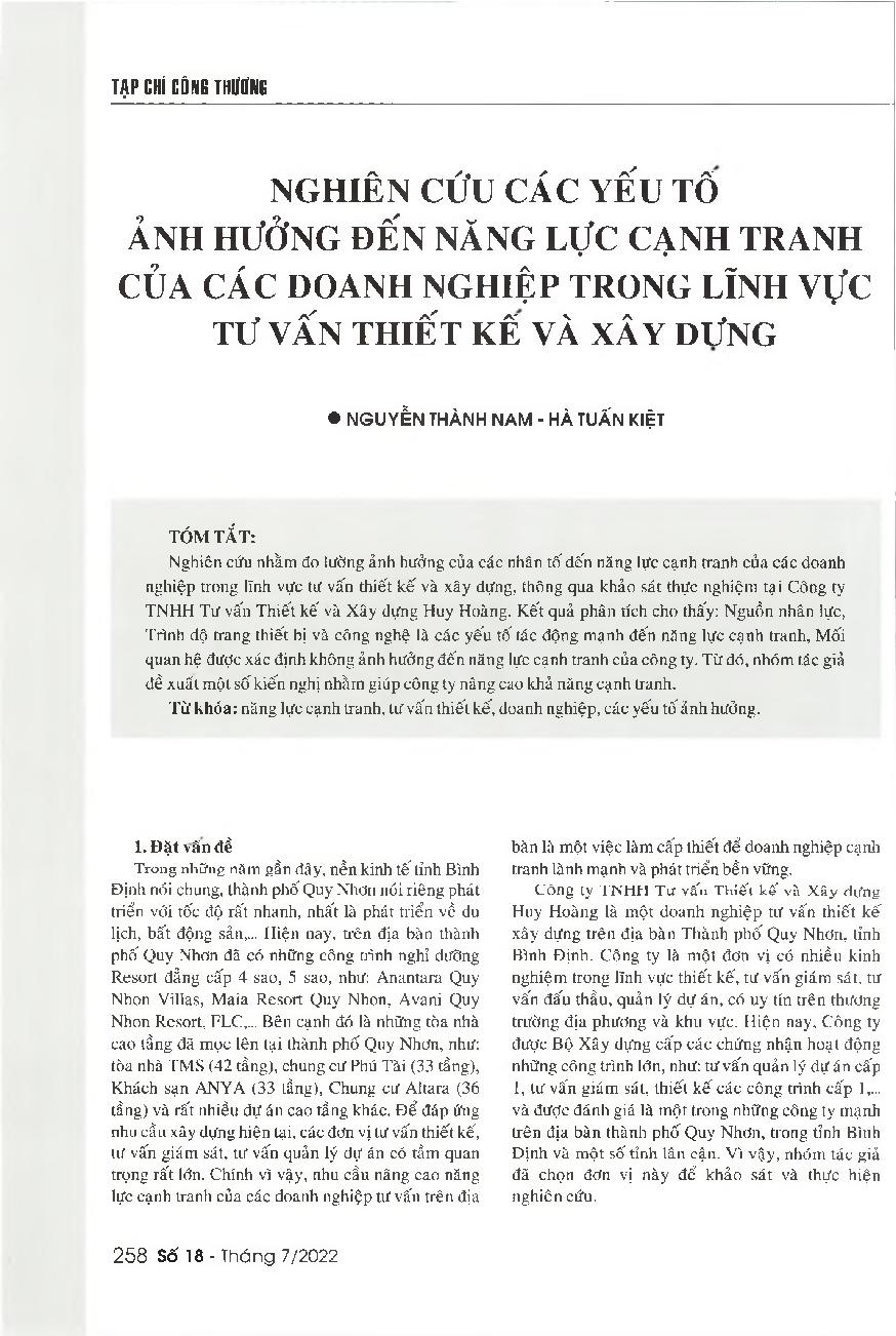 Nghiên cứu các yếu tố ảnh hưởng đến năng lực cạnh tranh của các doanh nghiệp trong lĩnh vực tư vấn thiết kế và xây dựng = A study on the factors affecting the competitiveness of design and construction consulting enterprises