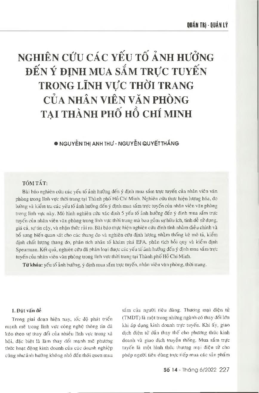 Nghiên cứu các yếu tố ảnh hưởng đến ý định mua sắm trực tuyến của nhân viên văn phòng trong lĩnh vực thời trang tại Thành phố Hồ Chí Minh = A study on the factors affecting the online fashion shopping intention of office staff in Ho Chi Minh city