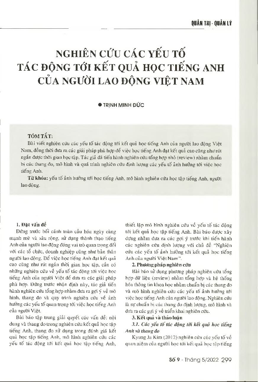 Nghiên cứu các yếu tố tác động tới kết quả học tiếng Anh của người lao động Việt Nam = A study on the factors affecting Vietnamese employees' English learning outcomes