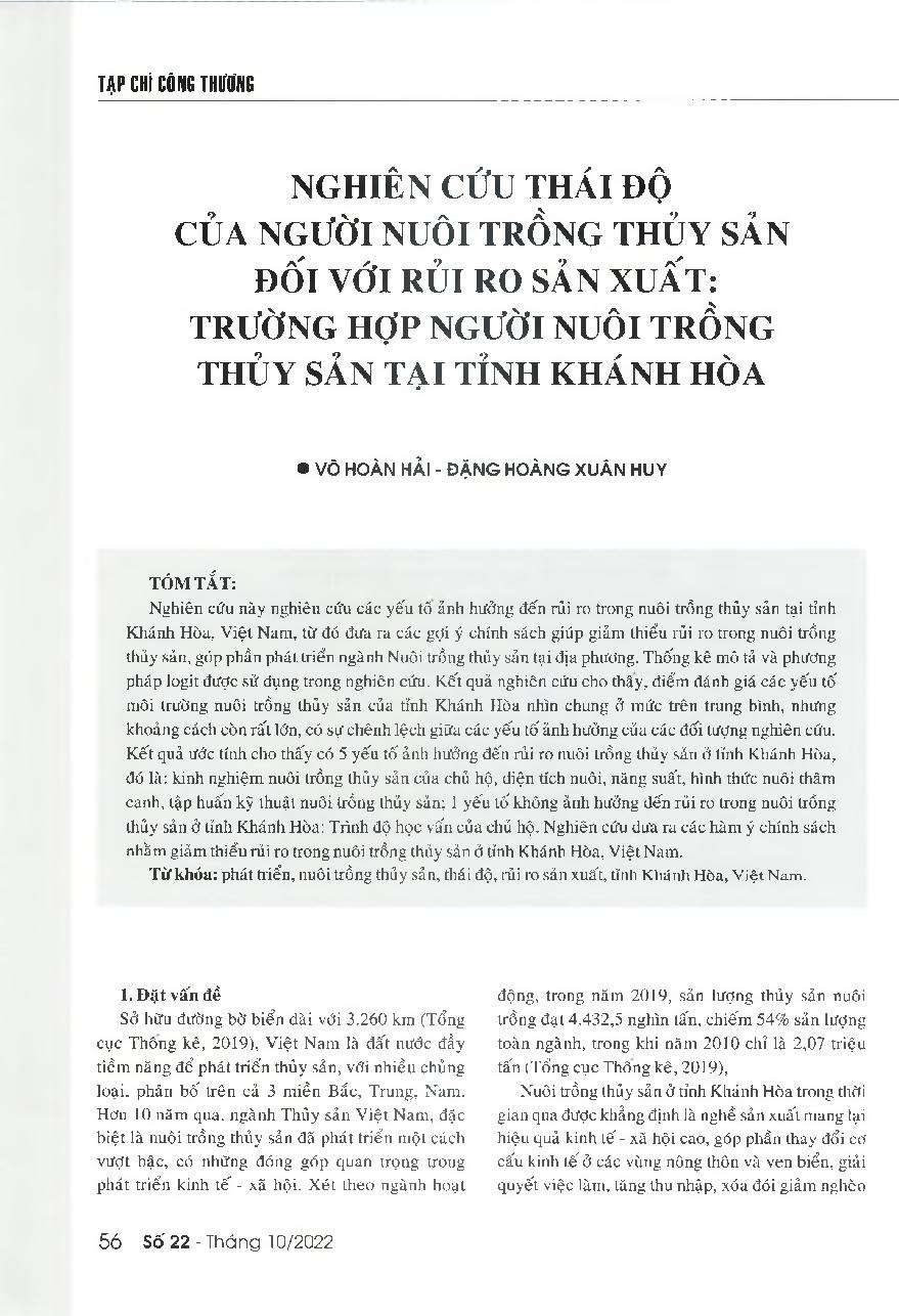 Nghiên cứu thái độ của người nuôi trồng thủy sản đối với rủi ro sản xuất: Trường hợp người nuôi trồng thủy sản tại tỉnh Khánh Hòa = A study on the aquaculturer's attitude to production risk: A case study of aquaculture in Khanh Hoa province