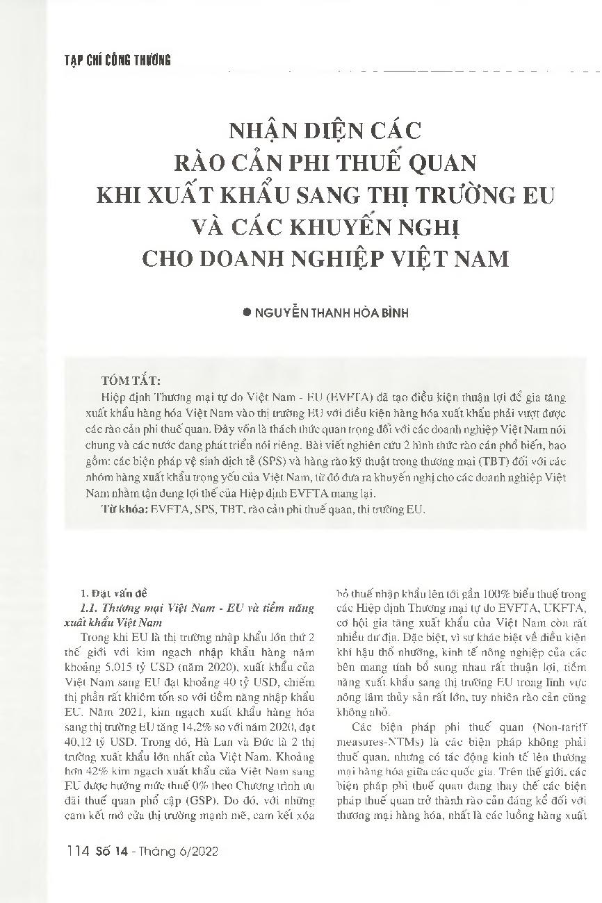 Nhận diện các rào cản phi thuế quan khi xuất khẩu sang thị trường EU và các khuyến nghị cho doanh nghiệp Việt Nam = Identifying non-tariff barriers of the EU market on exports from Vietnam and recommendations for Vietnamese companies
