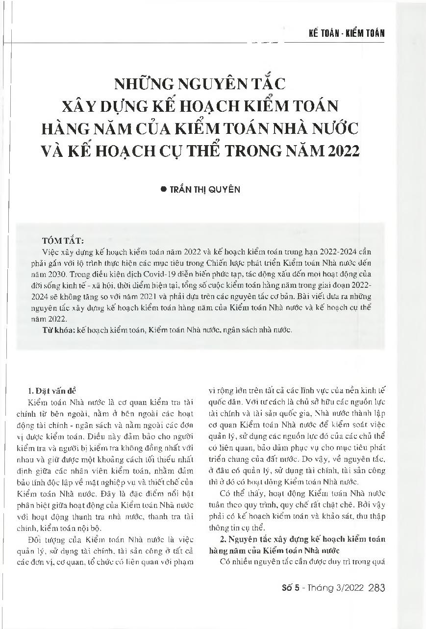 Những nguyên tắc xây dựng kế hoạch kiểm toán hàng năm của Kiểm toán Nhà nước và kế hoạch cụ thể trong năm 2022 = Principles of building an annual audit plan of the state Audit Office of Vietnam and a specific plan for 2022