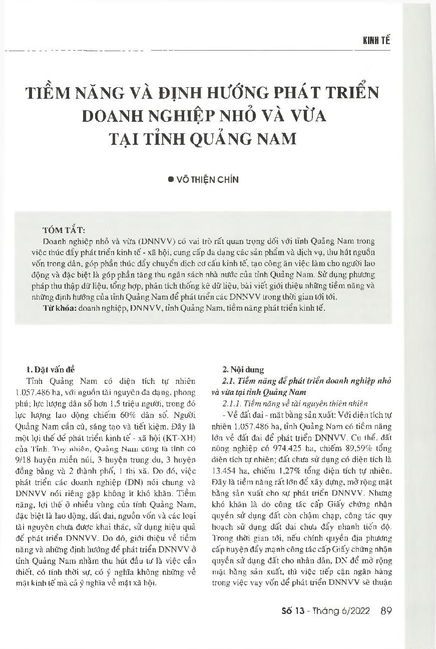 Những tiềm năng và định hướng để phát triển doanh nghiệp nhỏ và vừa tỉnh Quảng Nam = The potential and orientations of Quang Nam province in the development of small and medium-sized enterprises in the coming time