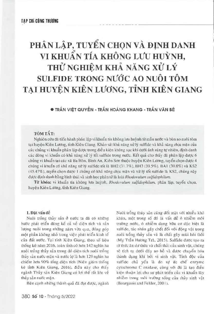 Phân lập, tuyển chọn và định danh vi khuẩn tía không lưu huỳnh, thử nghiệm khả năng xử lý sulfide trong nước ao nuôi tôm tại huyện Kiên Lương, tỉnh Kiên Giang = Isolating, selecting and identifying purple nonsulfur bacteria, and testing the sulfide handli