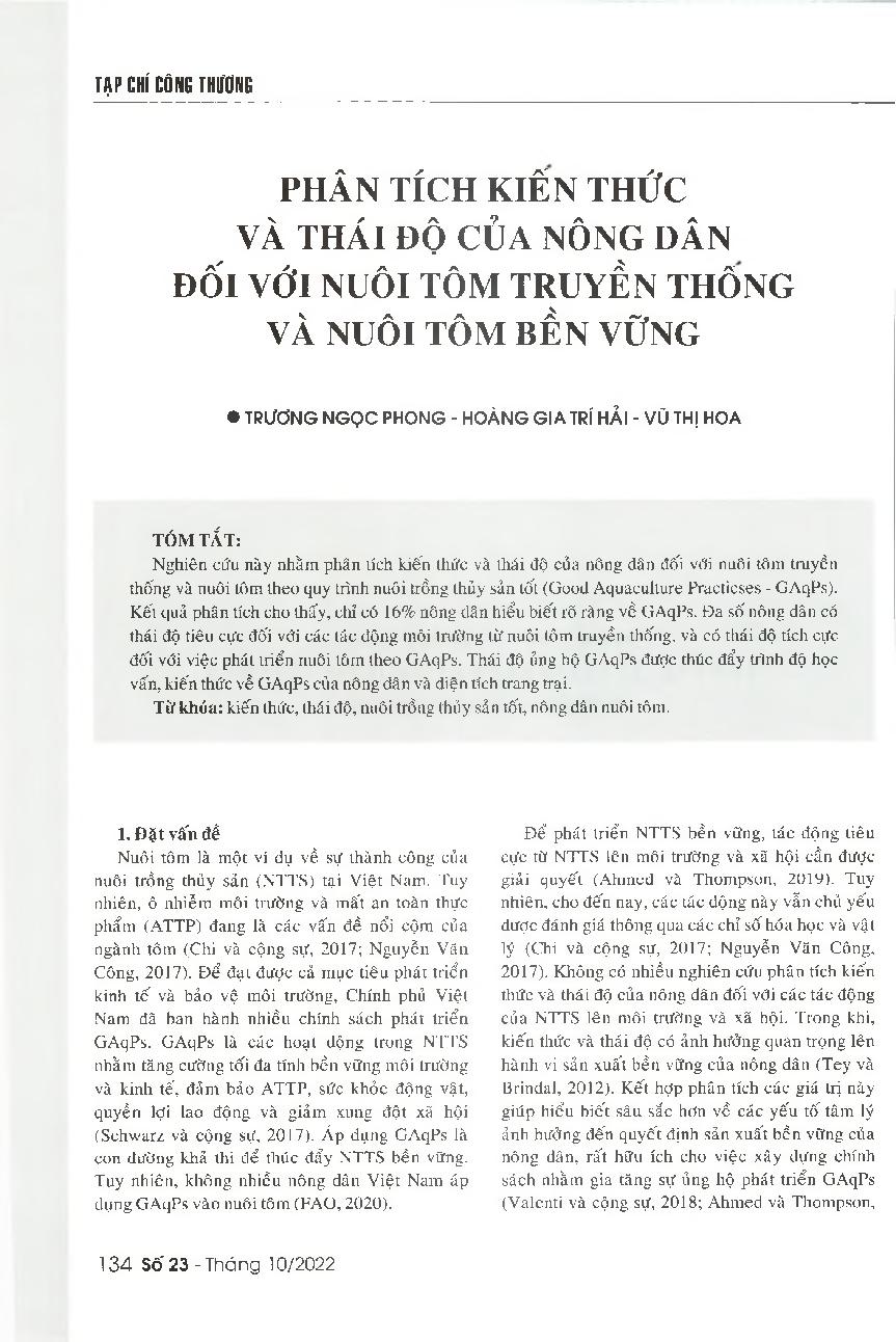 Phân tích kiến thức và thái độ của nông dân đối với nuôi tôm truyền thống và nuôi tôm bền vững = Analyzing knowledge and attitudes of farmers towards traditional and Good Aquaculture Practices (GAqPs) shrimp farming methods