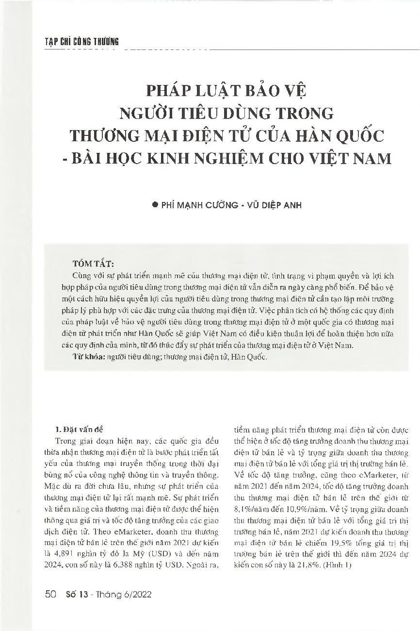 Pháp luật bảo vệ người tiêu dùng trong thương mại điện tử của Hàn Quốc - Bài học kinh nghiệm cho Việt Nam = South Korea's law on consumer protection in e-commerce and lessons learnt for Vietnam