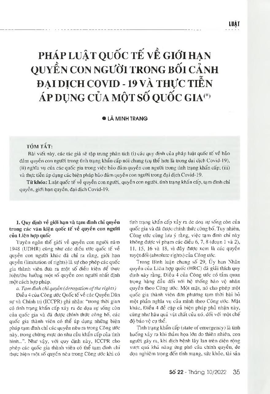 Pháp luật quốc tế về giới hạn quyền con người trong bối cảnh đại dịch Covid - 19 và thực tiễn áp dụng của một số quốc gia = International law on ensuring human rights during the COVID-19 pandemic and practical application in some countries