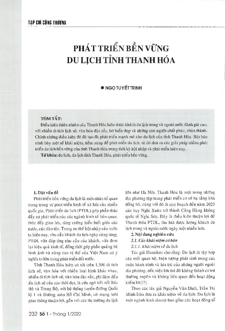 Phát triển bền vững du lịch tỉnh Thanh Hóa = Developing Thanh Hoa Province's tourism industry sustainably