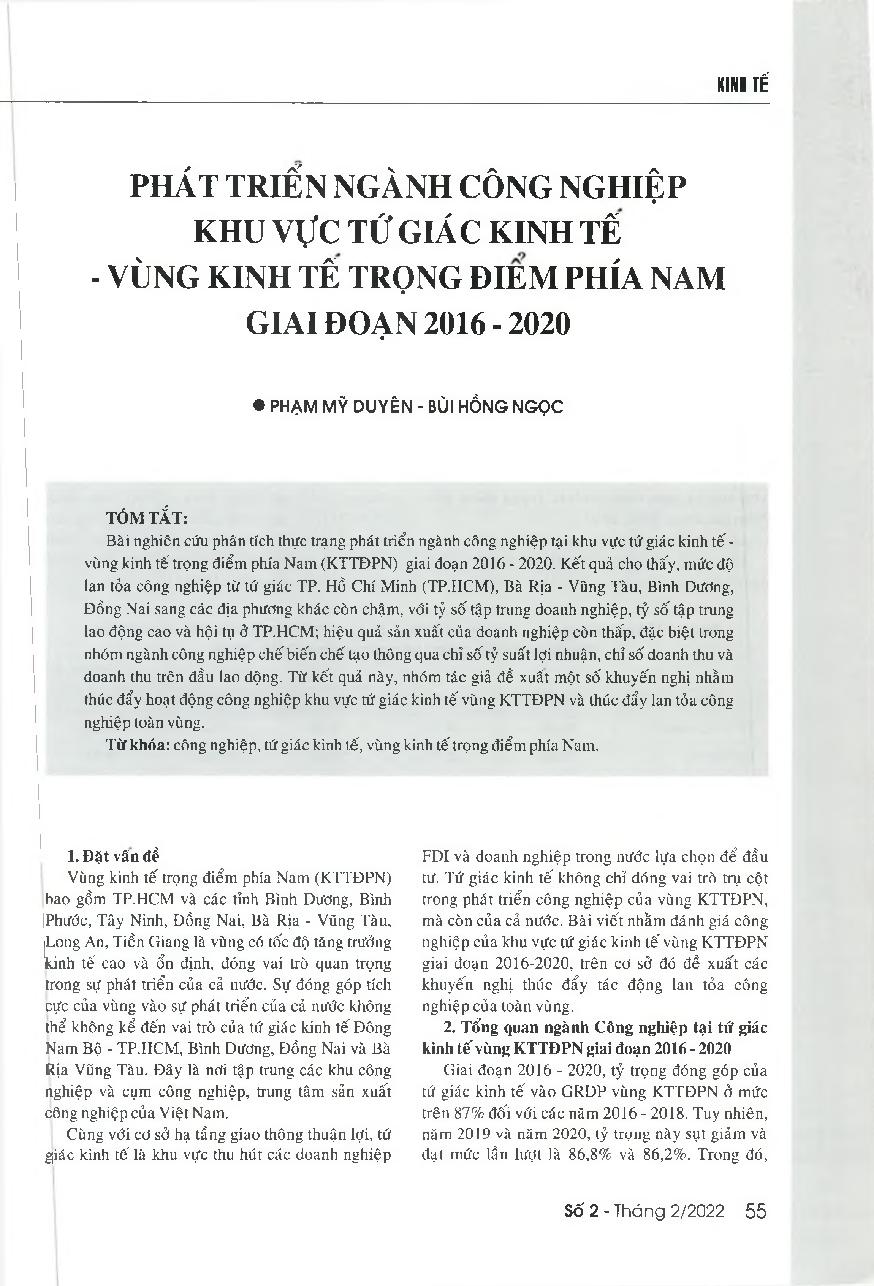 Phát triển ngành công nghiệp khu vực tứ giác kinh tế - vùng kinh tế trọng điểm phía Nam giai đoạn 2016 - 2020 = Industrial development in the economic quadrangle region of the Southern Key Economic Region in the period 2016 - 2020