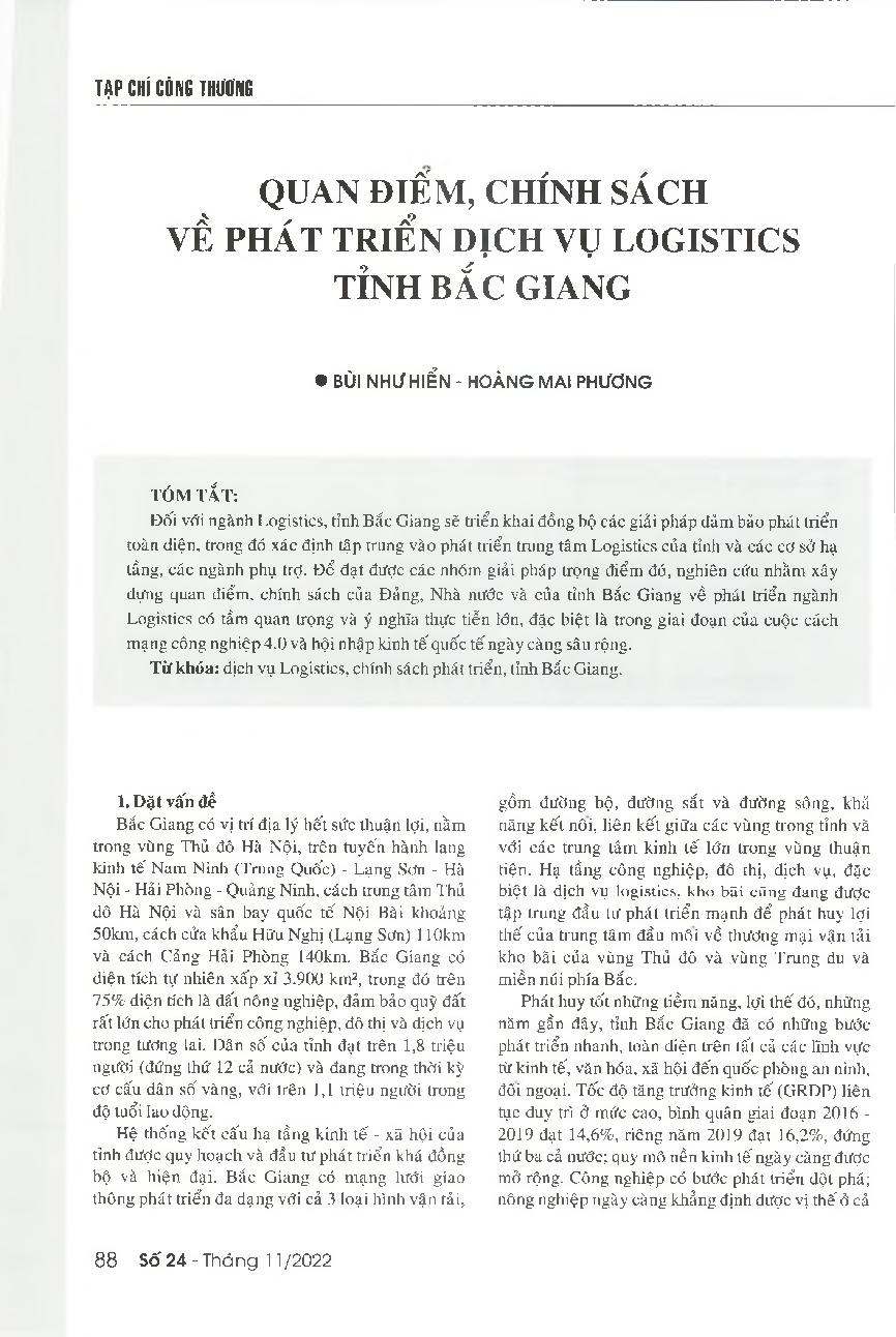 Quan điểm, chính sách về phát triển dịch vụ logistics tỉnh Bắc Giang = The viewpoints and policies on the development of logistics industry in Bac Giang province