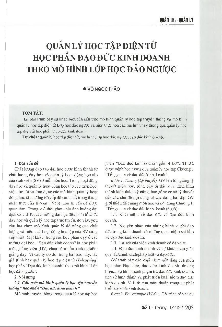 Quản lý học tập điện tử học phần đạo đức kinh doanh theo mô hình lớp học đảo ngược = The electronic learning management in the flipped classroom model for Business Ethics Course