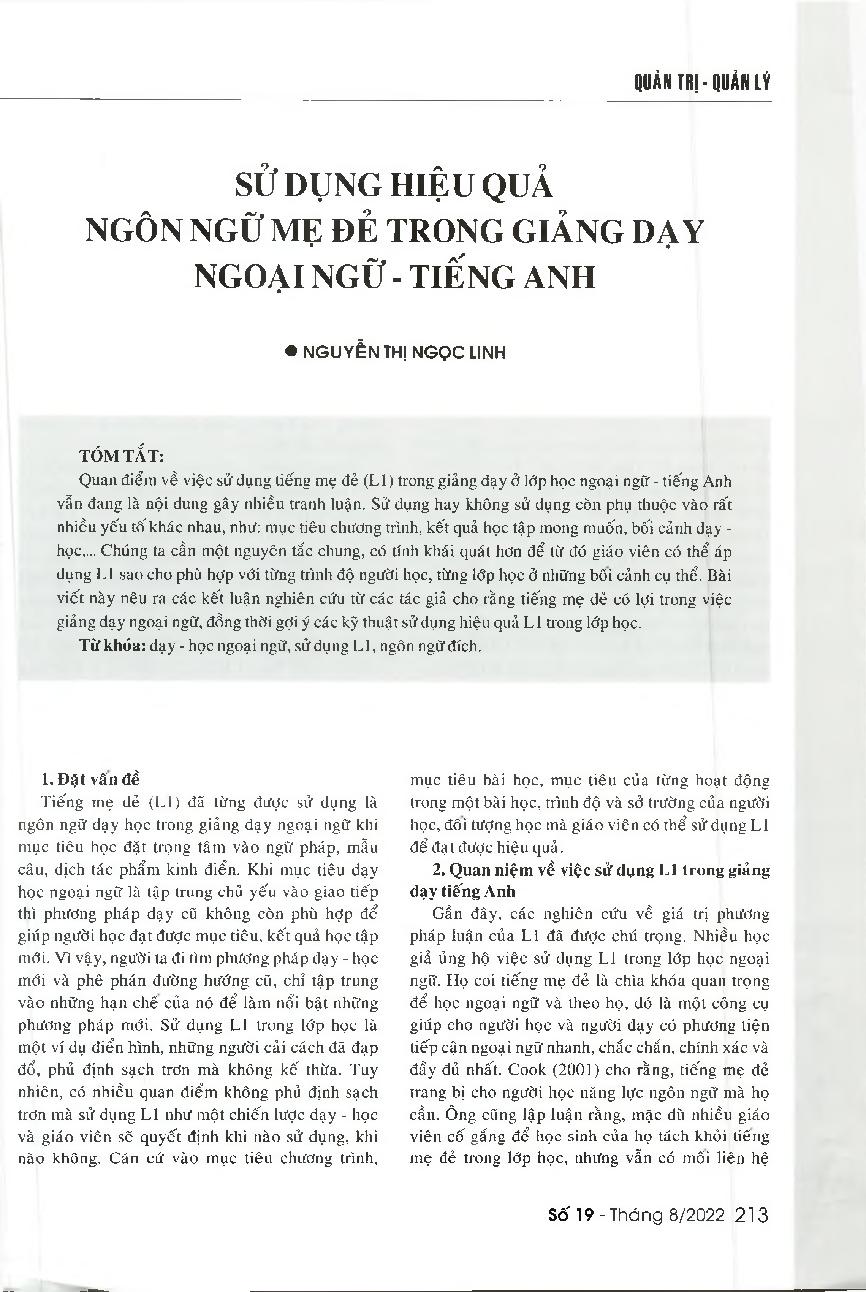 Sử dụng hiệu quả ngôn ngữ mẹ đẻ trong giảng dạy ngoại ngữ - tiếng Anh = Using effectively the mother tongue to teach English