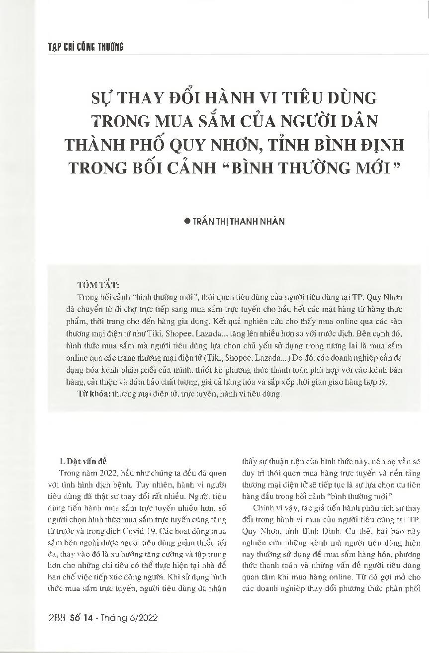 Sự thay đổi hành vi tiêu dùng trong mua sắm của người dân TP. Quy Nhơn, tỉnh Bình Định trong bối cảnh bình thường mới = Changes in consumer behavior of consumers in Quy Nhon city, Binh Dinh province in the conext of the new normal