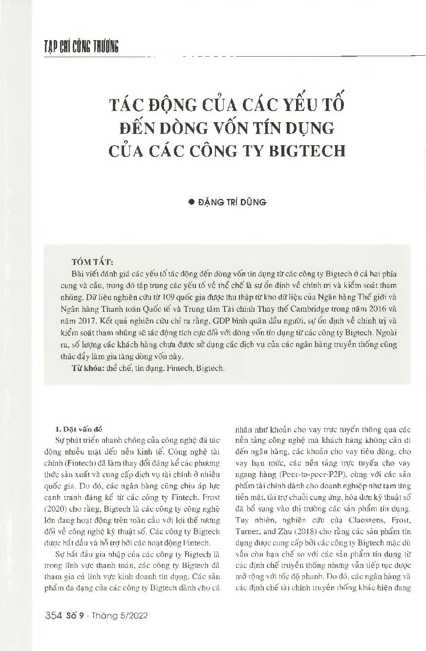 Tác động của các yếu tố đến dòng vốn tín dụng của các công ty Bigtech = Impacts of institutional factors on the credit flows from Bigtech