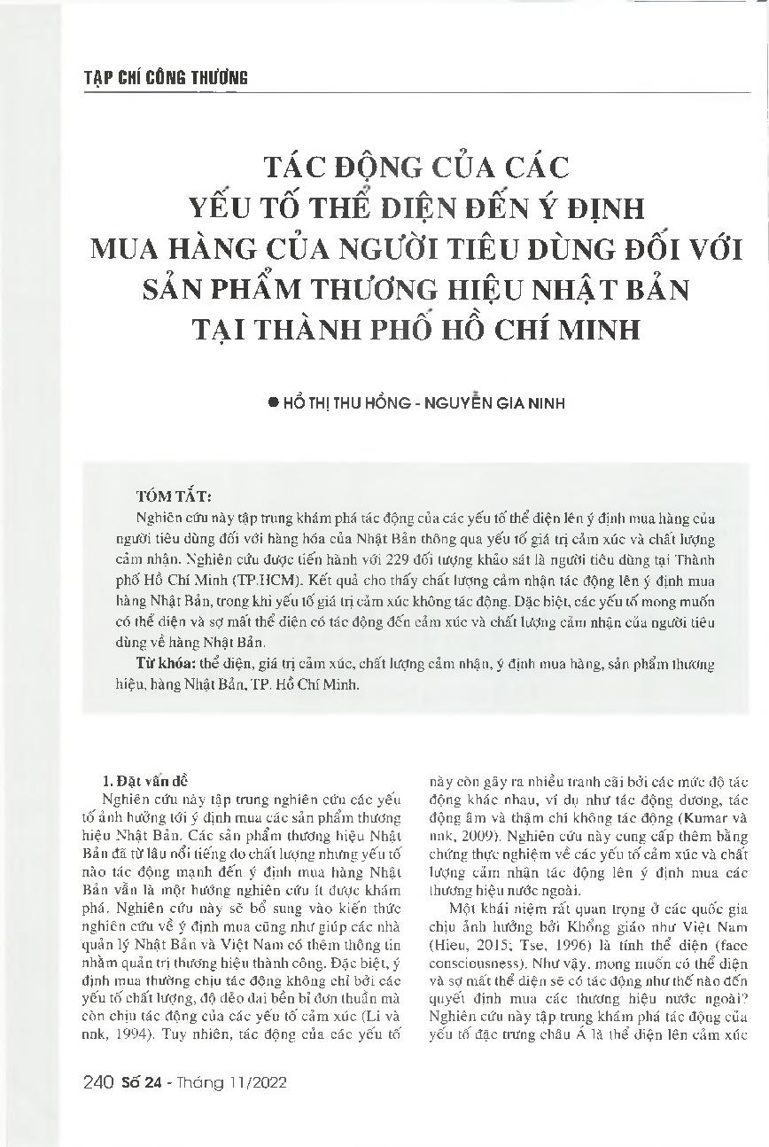 Tác động của các yếu tố thể diện đến ý định mua hàng của người tiêu dùng đối với sản phẩm thương hiệu Nhật Bản tại thành phố Hồ Chí Minh = Impact of face consciousness on consumers&#39; purchase intention for Japanese goods in Ho Chi Minh City