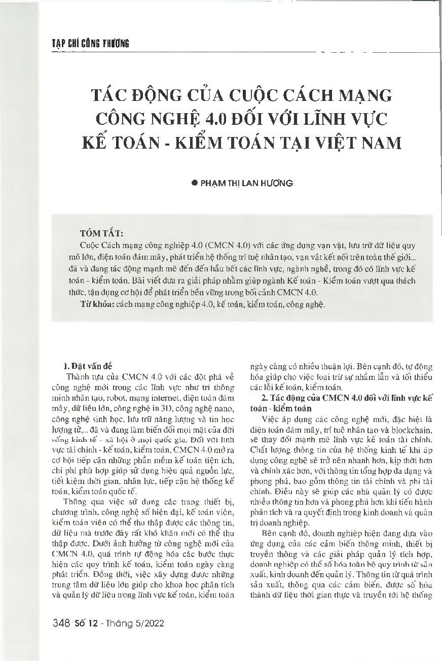 Tác động của cuộc cách mạng công nghệ 4.0 đối với lĩnh vực kế toán - kiểm toán tại Việt Nam = Impacts of the Fourth Industrial Revolution on the field of accounting and auditing