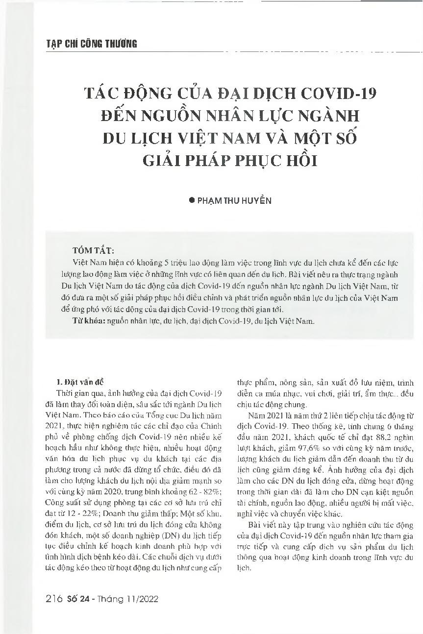 Tác động của đại dịch Covid-19 đến nguồn nhân lực ngành Du lịch Việt Nam và một số giải pháp phục hồi = Impacts of COVID-19 pandemic on the human resources of Vietnam's tourism industry and some recovery solutions