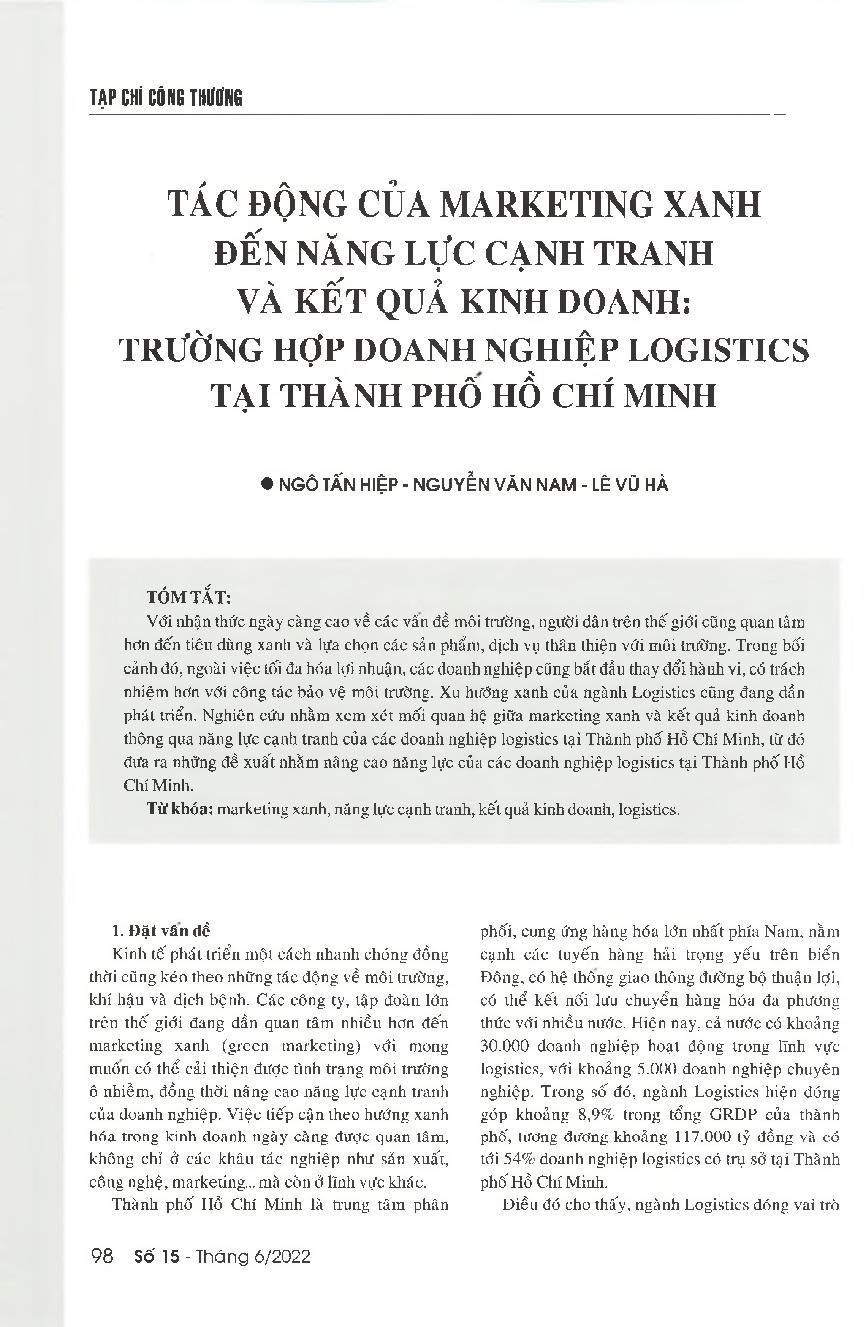 Tác động của marketing xanh đến năng lực cạnh tranh và kết quả kinh doanh: Trường hợp doanh nghiệp logistics tại Thành phố Hồ Chí Minh = Impacts of the green marketing on the business results: Case study of logistics enterprises in Ho Chi Minh City