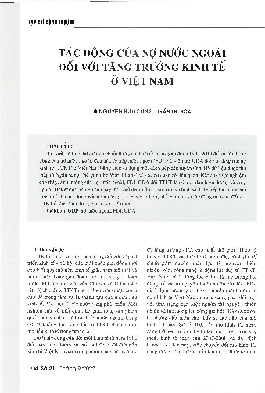 Tác động của nợ nước ngoài đối với tăng trưởng kinh tế ở Việt Nam = Impact of foreign debt on Vietnam's economic growth