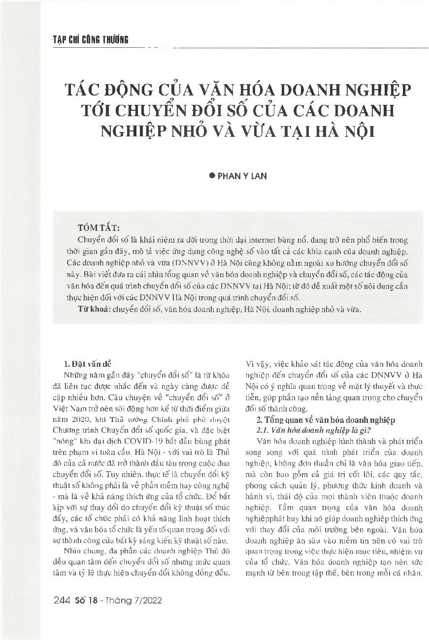 Tác động của văn hóa doanh nghiệp tới chuyển đổi số của các doanh nghiệp nhỏ và vừa tại Hà Nội = Impacts of corporate culture on the digital transformation process of small and medium-sized enterprises in Hanoi