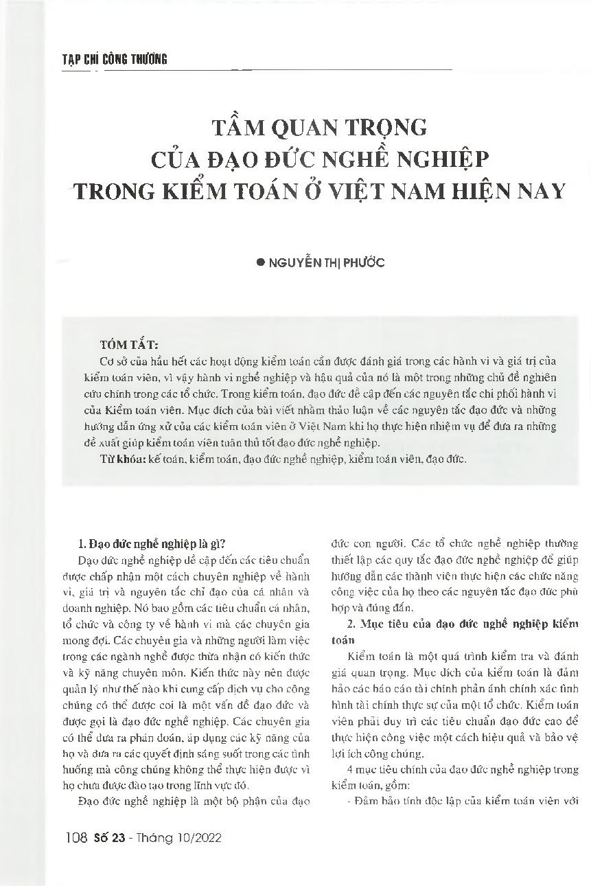 Tầm quan trọng của đạo đức nghề nghiệp trong kiểm toán ở Việt Nam hiện nay = The important role of professional ethics for auditors in Vietnam
