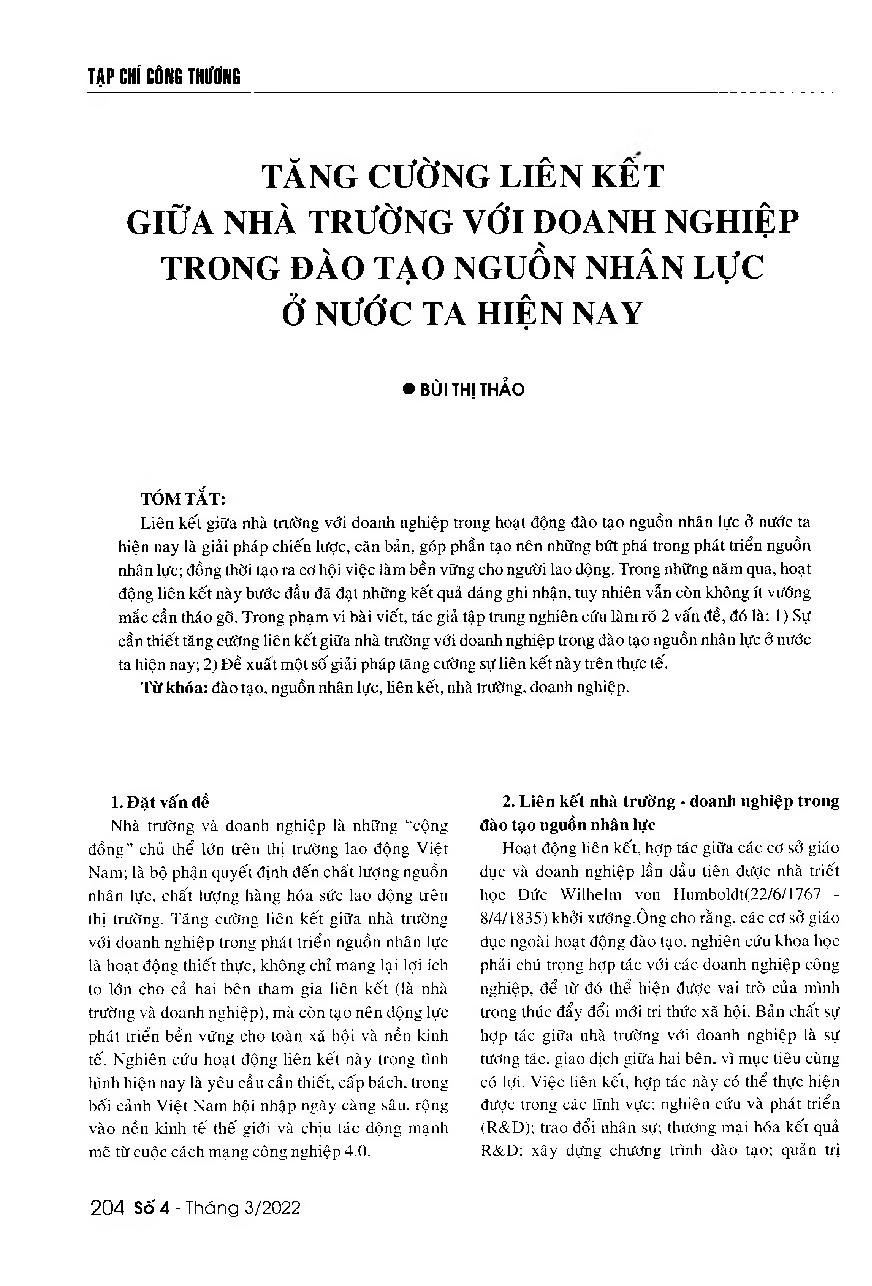 Tăng cường liên kết giữa nhà trường với doanh nghiệp trong đào tạo nguồn nhân lực ở nước ta hiện nay = Strengthening the link between schools and enterprises in human resource training activities in Vietnam
